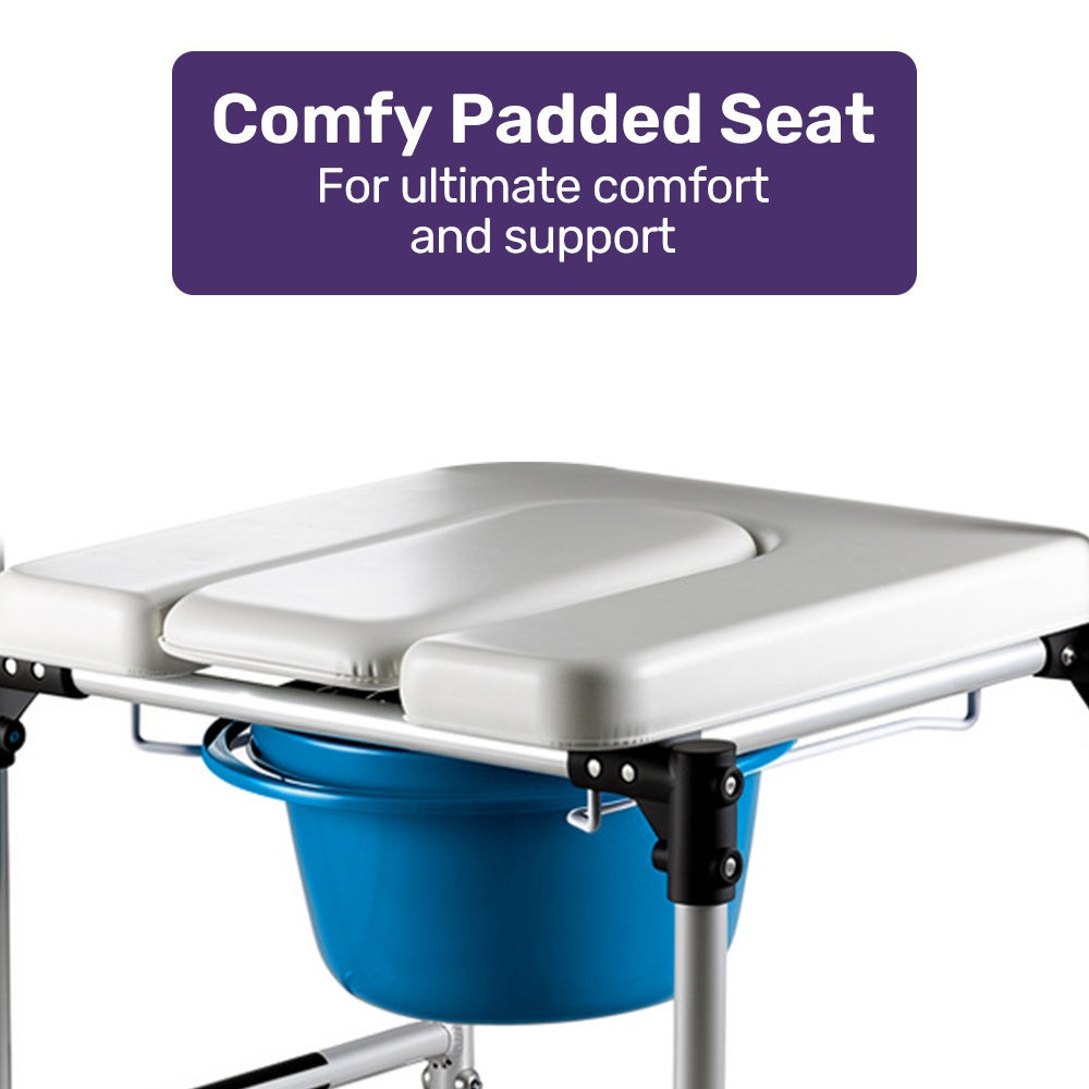 Equipmed Commode Shower Chair, Over Toilet or Bedside 136kg Capacity Aluminium frame with Wheels, White/Blue