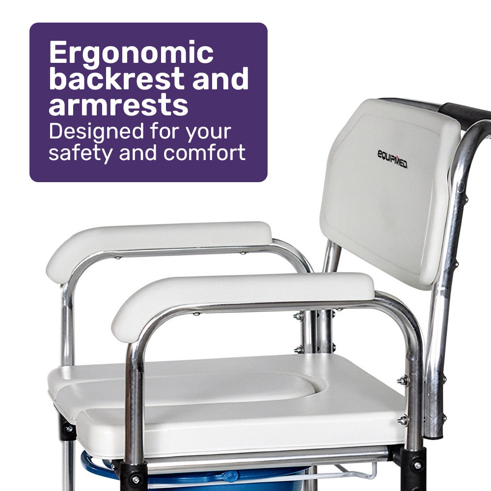 Equipmed Commode Shower Chair, Over Toilet or Bedside 136kg Capacity Aluminium frame with Wheels, White/Blue