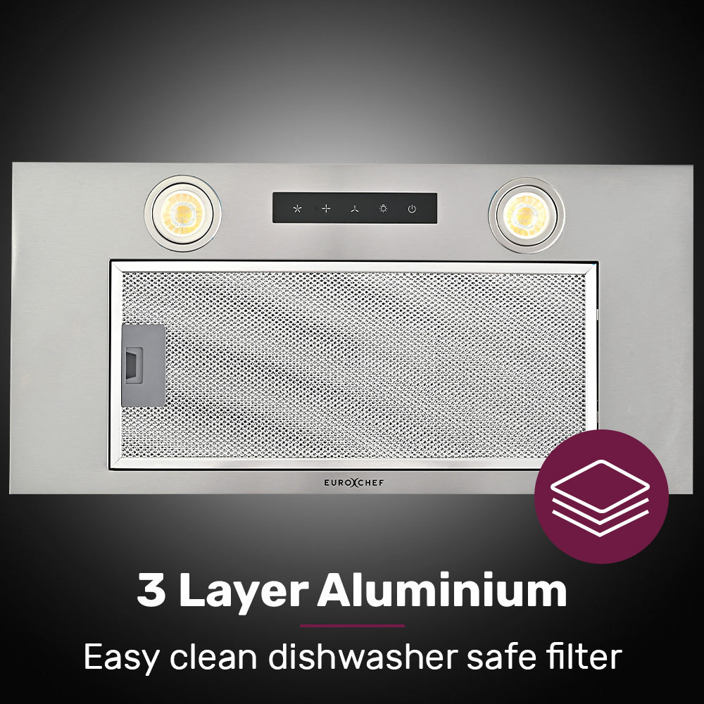 EUROCHEF 60cm Undermount Rangehood Silver, Quiet 3-Speed, 3-Layer Dishwashable