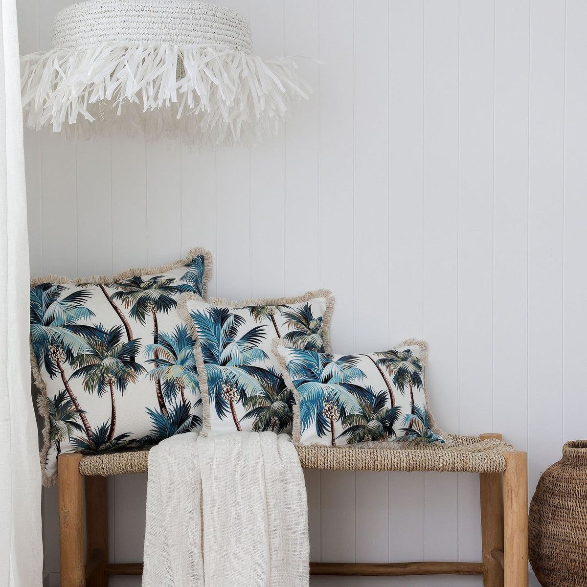 Cushion Cover - Coastal Fringe Natural - Palm Trees White - 35cm x 50cm