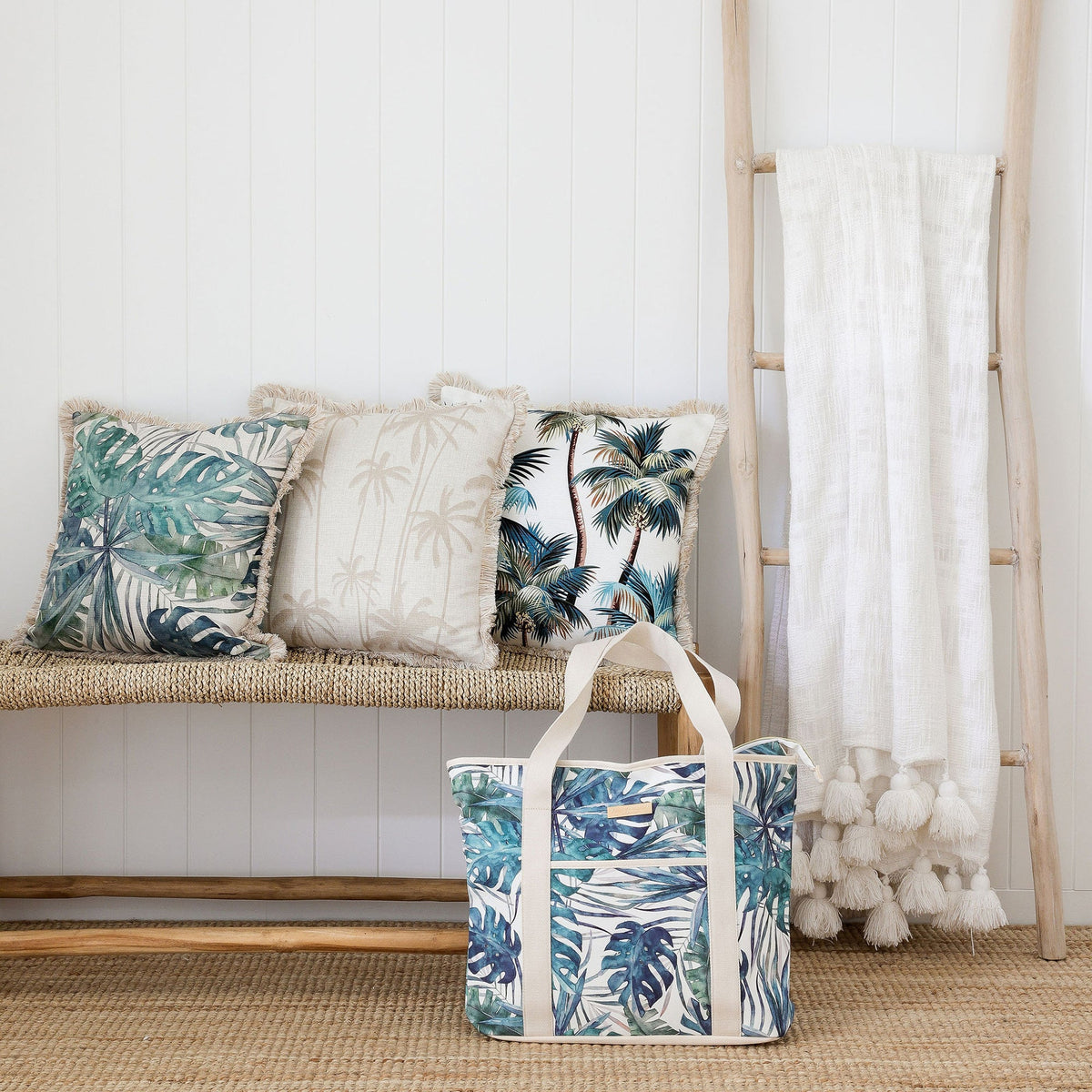 Cushion Cover - Coastal Fringe Natural - Palm Trees White - 45cm x 45cm