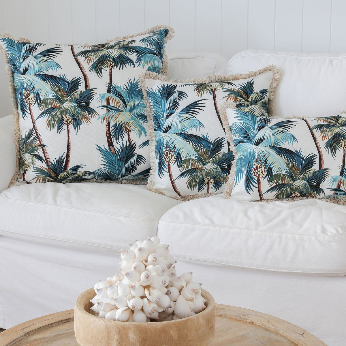 Cushion Cover - Coastal Fringe Natural - Palm Trees White - 45cm x 45cm