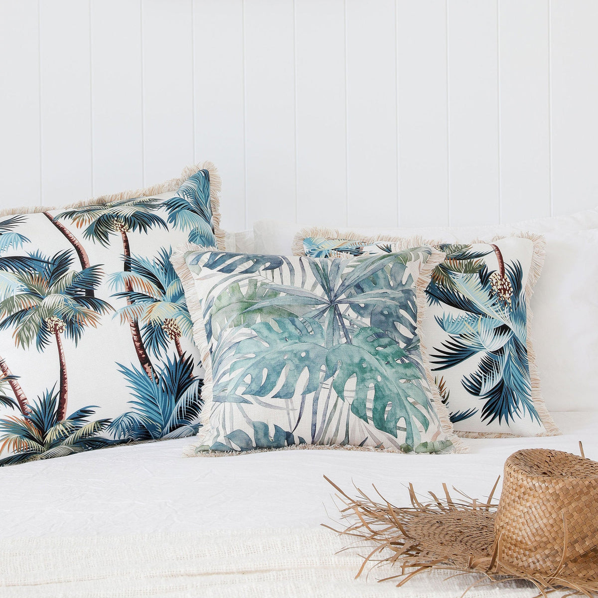 Cushion Cover - Coastal Fringe Natural - Palm Trees White - 60cm x 60cm