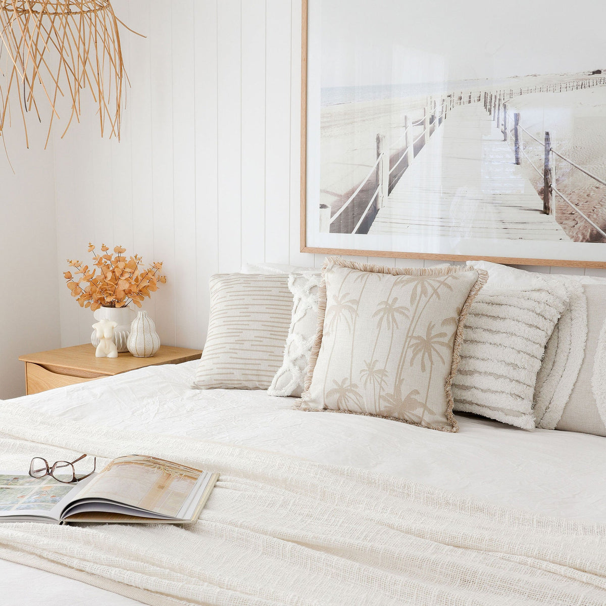 Cushion Cover - Coastal Fringe - Tall - Palms - Beige - 60cm x 60cm