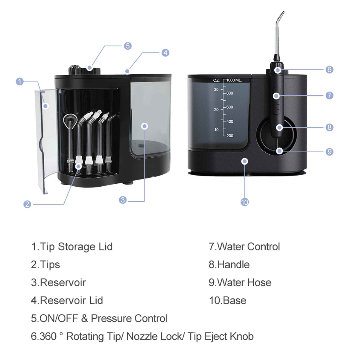 Orku 1000ml Water Flosser Electric Oral Irrigator - Adjustable Pressure Black