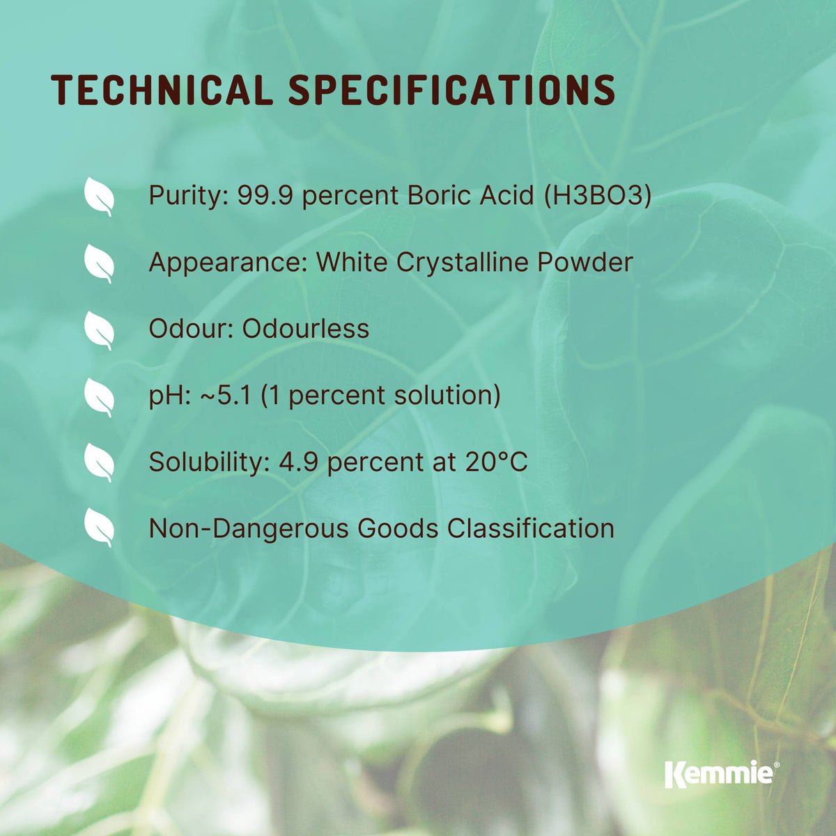 Kemmie 5Kg Boric Acid Powder 99.9% Pure - Soluble Orthoboric Acid H3BO3