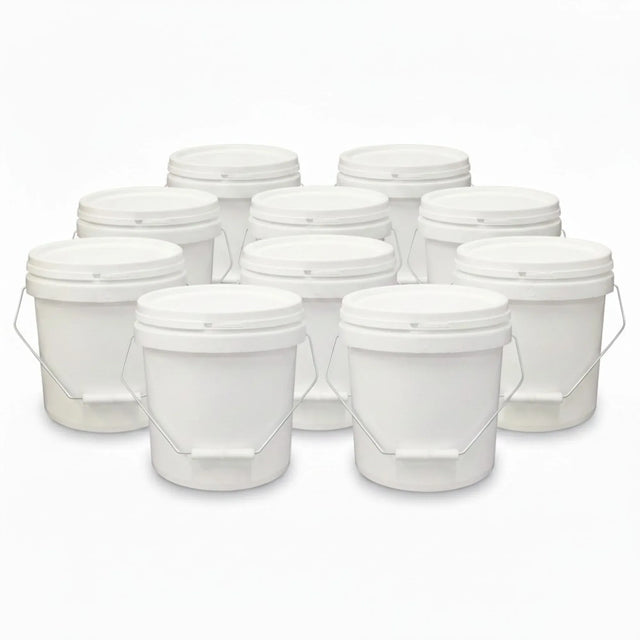 Kitchee Bulk 10x 10L Plastic Buckets + Lids - Empty White With Handle Large Pail