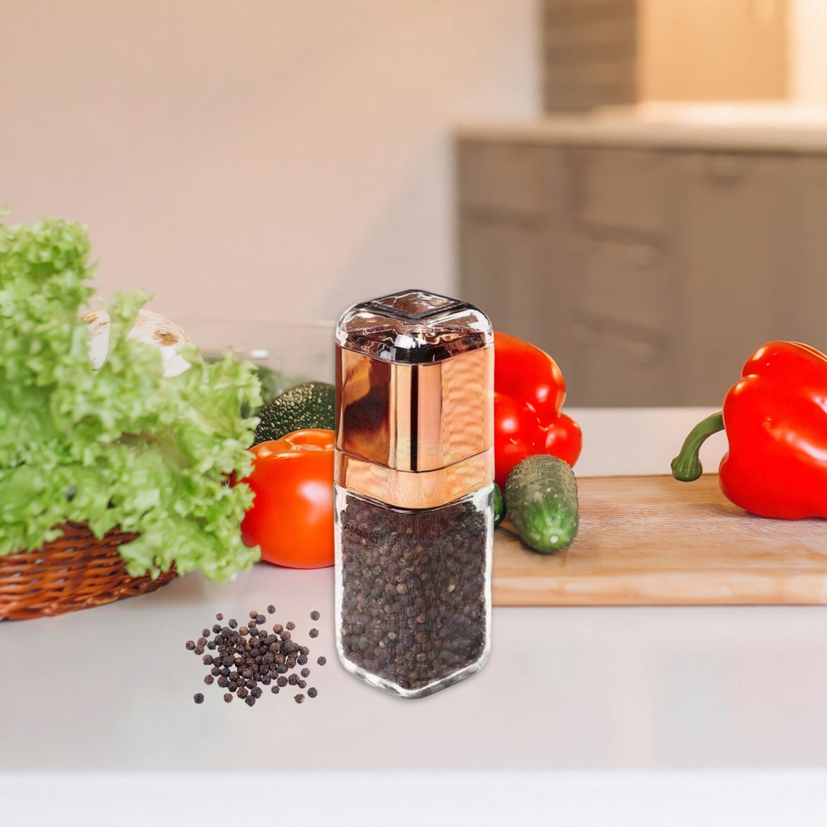 Orku Single Salt or Pepper Grinder 180ml – Glass Manual Mill with Rose Gold Lid