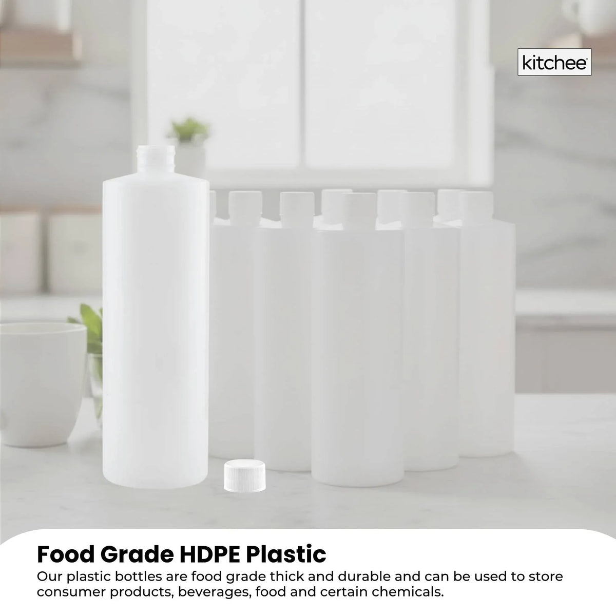 Kitchee 1x 500ml Ntural HDPE Round Bottle + 28/410 Caps - Empty Plastic Food Storage