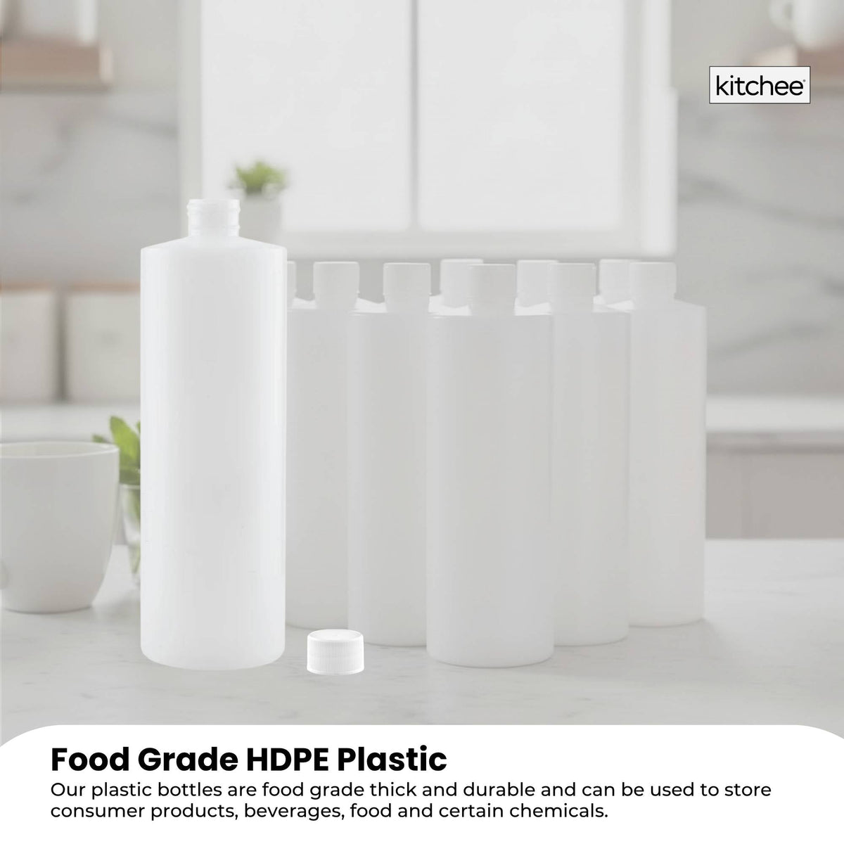 Kitchee 10x 250ml Natural HDPE Round Bottle + 28/410 Caps - Empty Plastic Food Storage