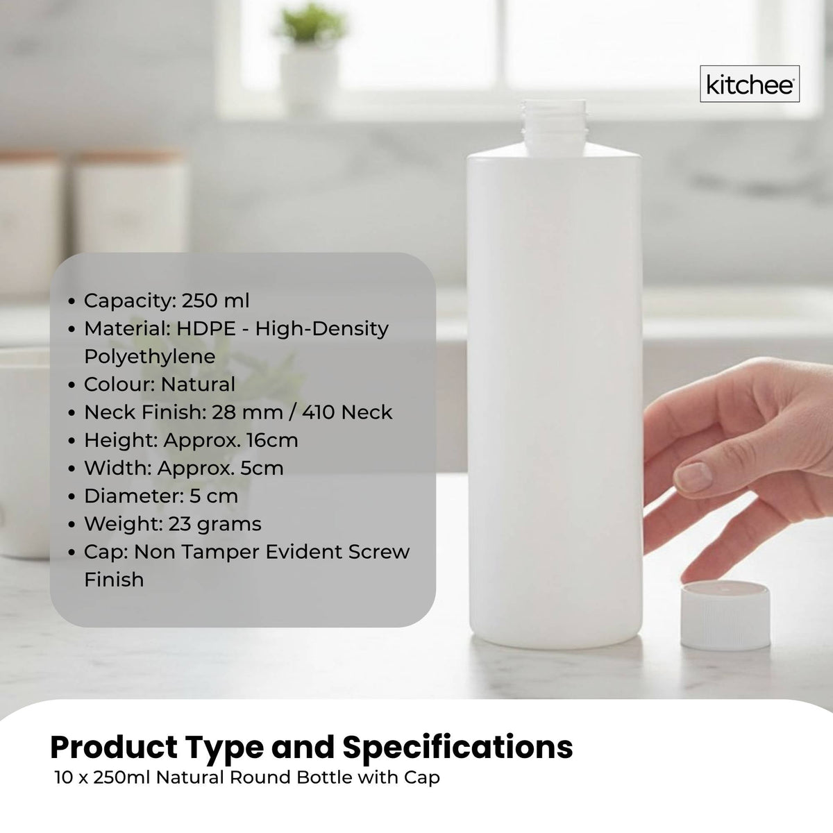 Kitchee 10x 250ml Natural HDPE Round Bottle + 28/410 Caps - Empty Plastic Food Storage