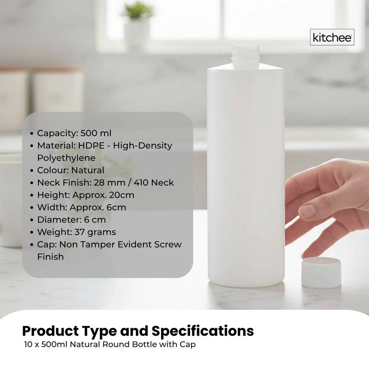Kitchee 10x 500ml Natural HDPE Round Bottle + 28/410 Caps - Empty Plastic Food Storage