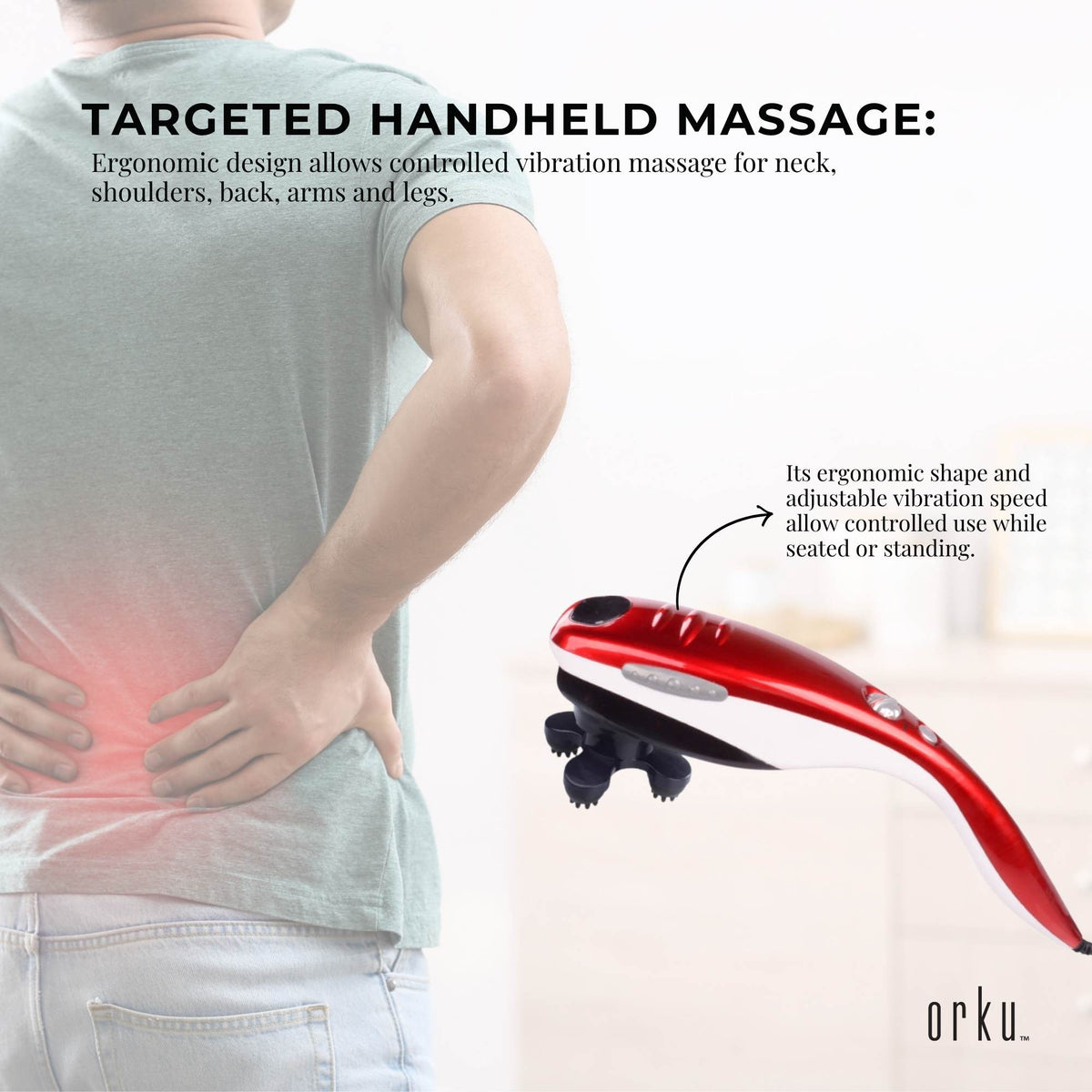 Orku Handheld Body Massager 6 Heads Adjustable Speed Neck Shoulder Back Legs Red