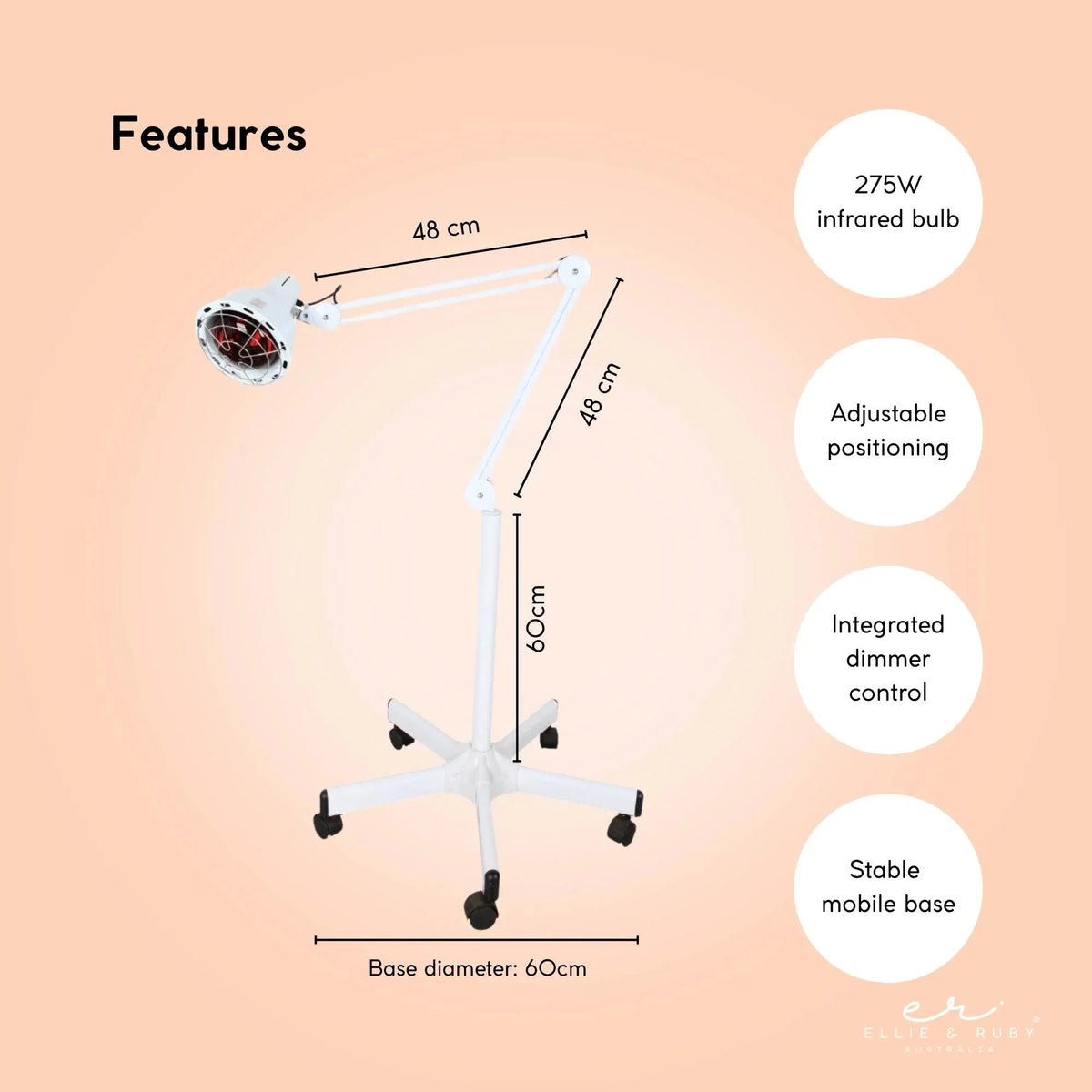 Ellie & Ruby Infrared Heat Floor Lamp 275W Mobile Dimmable Home Salon Treatment