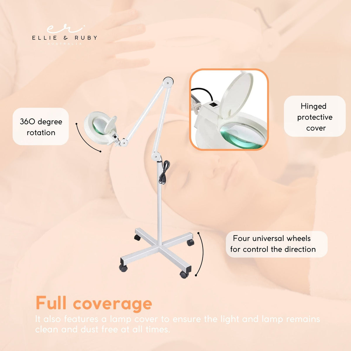 Ellie & Ruby 5x Magnifying Floor Lamp - Glass Lens Light and Wheeled Stand White