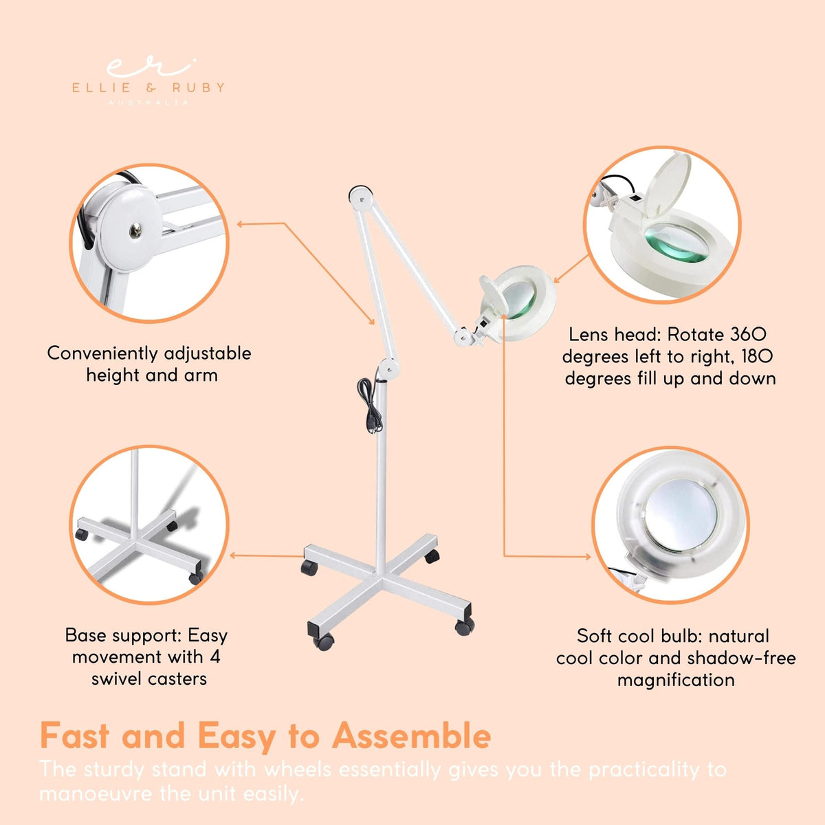Ellie & Ruby 5x Magnifying Floor Lamp - Glass Lens Light and Wheeled Stand White