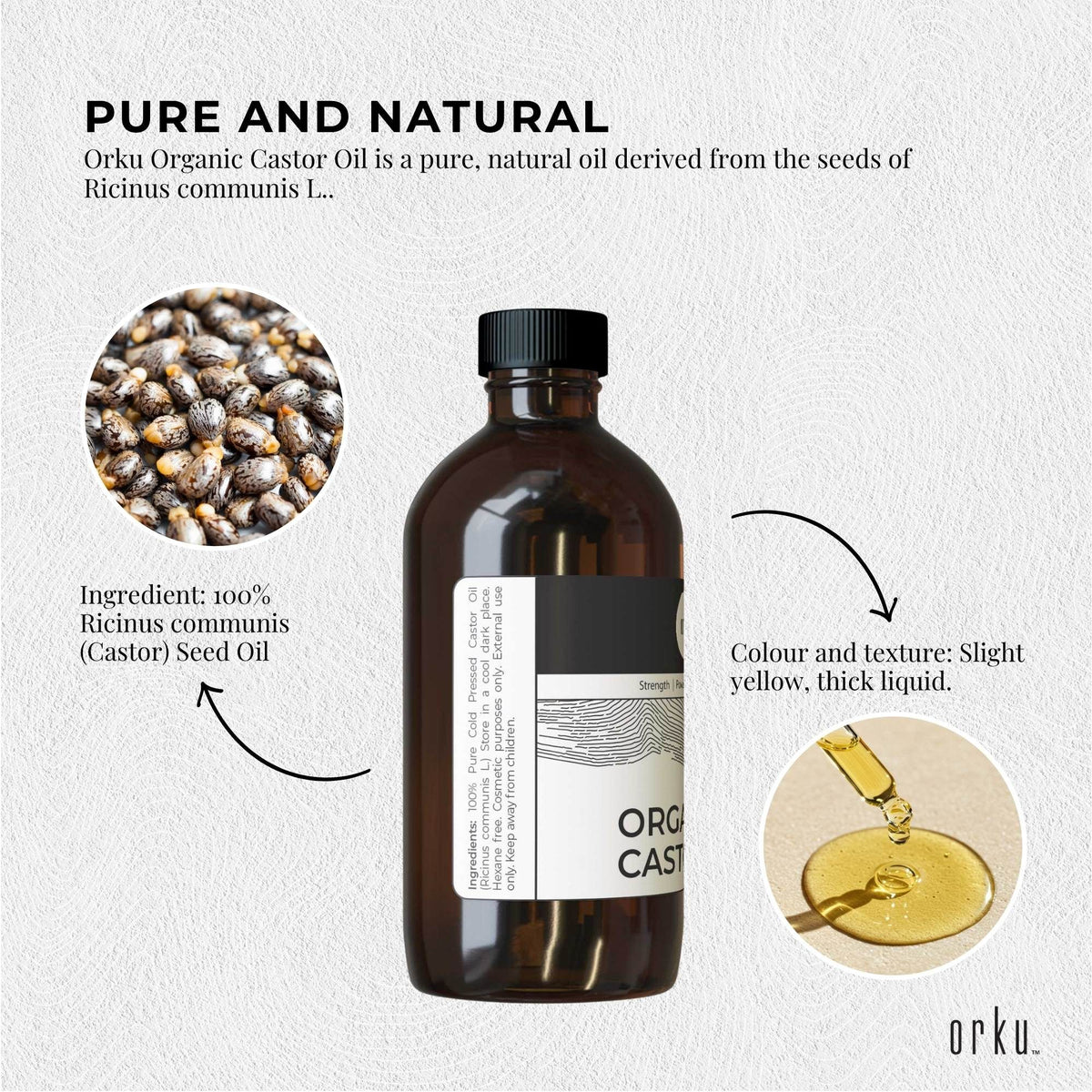 Orku 100ml Organic Castor Oil - Hexane Free Cold Pressed