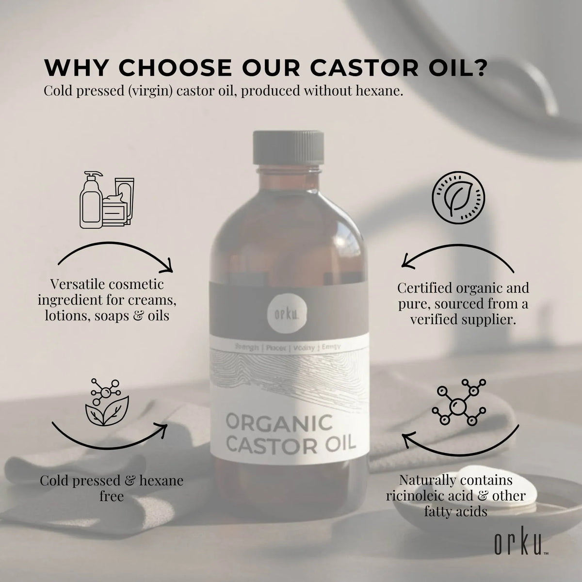 Orku 250ml Organic Castor Oil - Hexane Free Cold Pressed