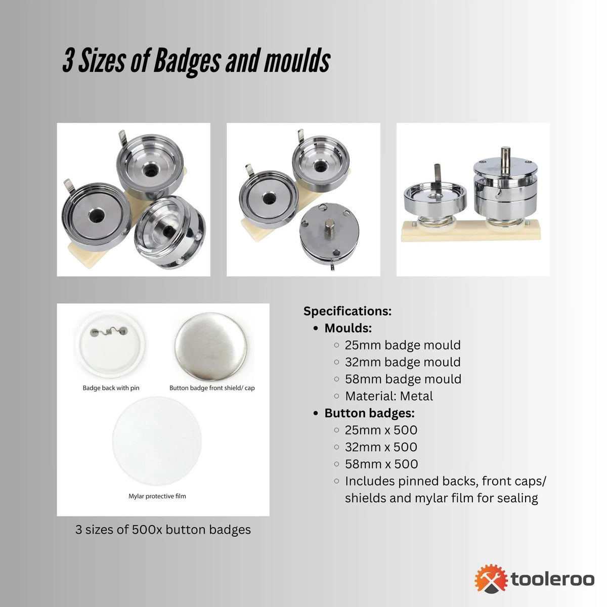 Tooleroo Button Badge Making Set - Maker + Moulds + Badges 25mm 32mm 58mm