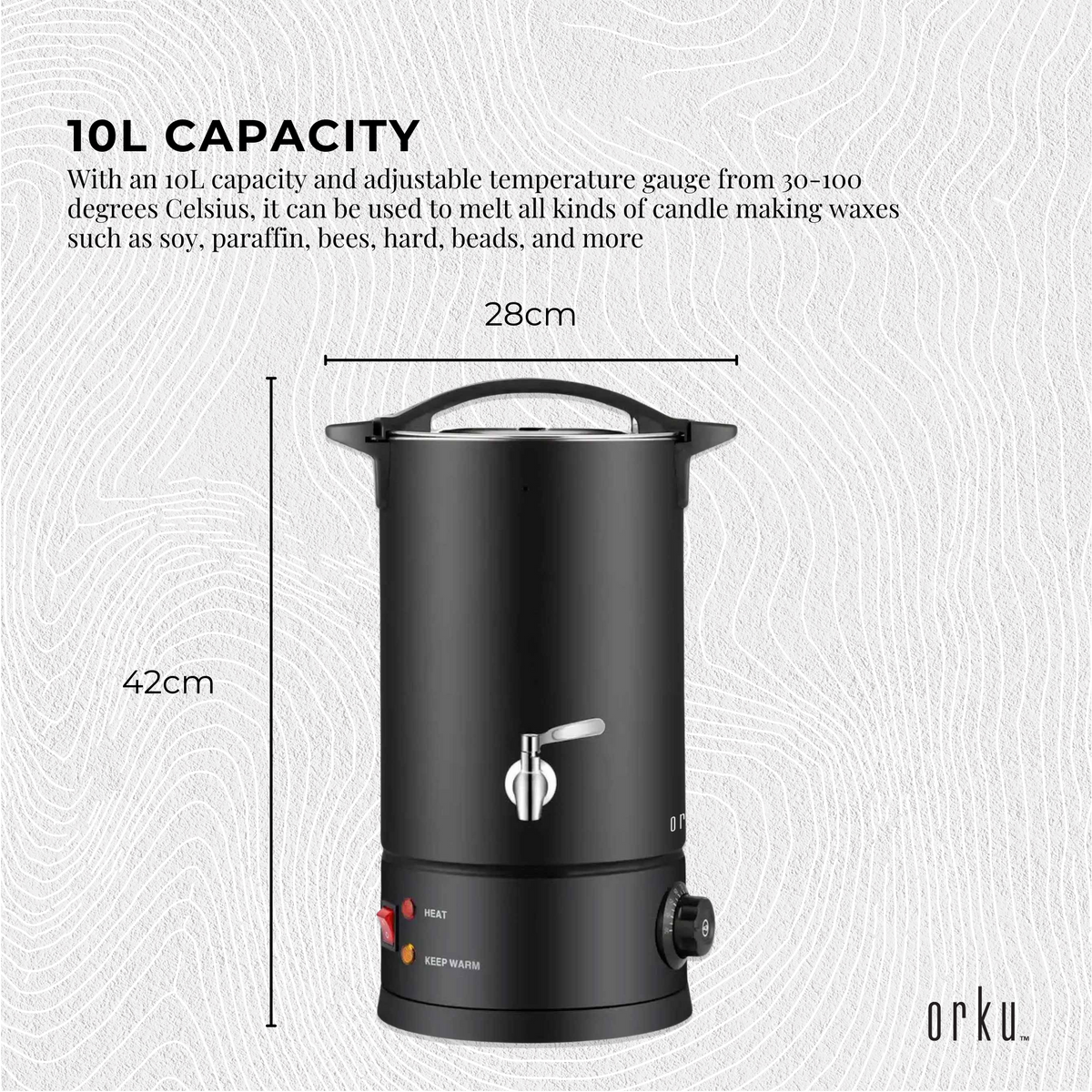 Orku 10L Candle Wax Melter with Tap and Accessories - 220-240V Electric Black