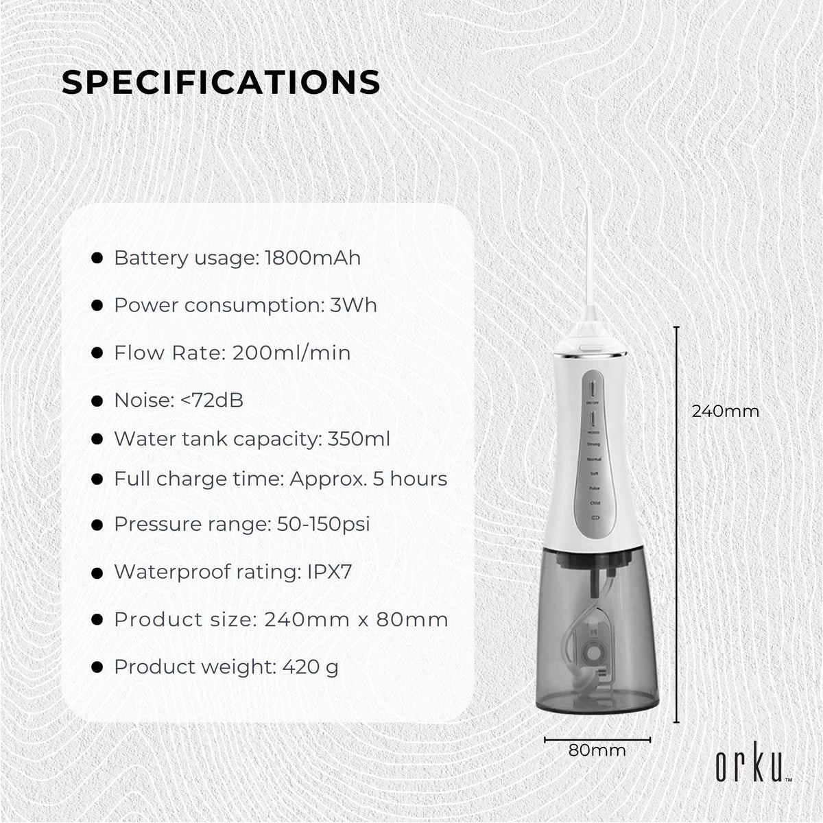 Orku Portable Oral Irrigator Flosser 350ml - Rechargeable Teeth Cleaner