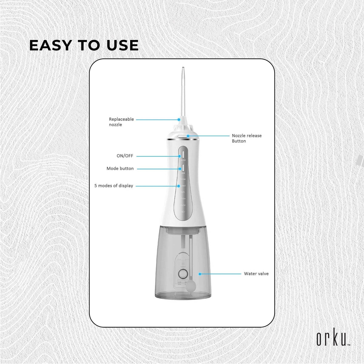 Orku Portable Oral Irrigator Flosser 350ml - Rechargeable Teeth Cleaner