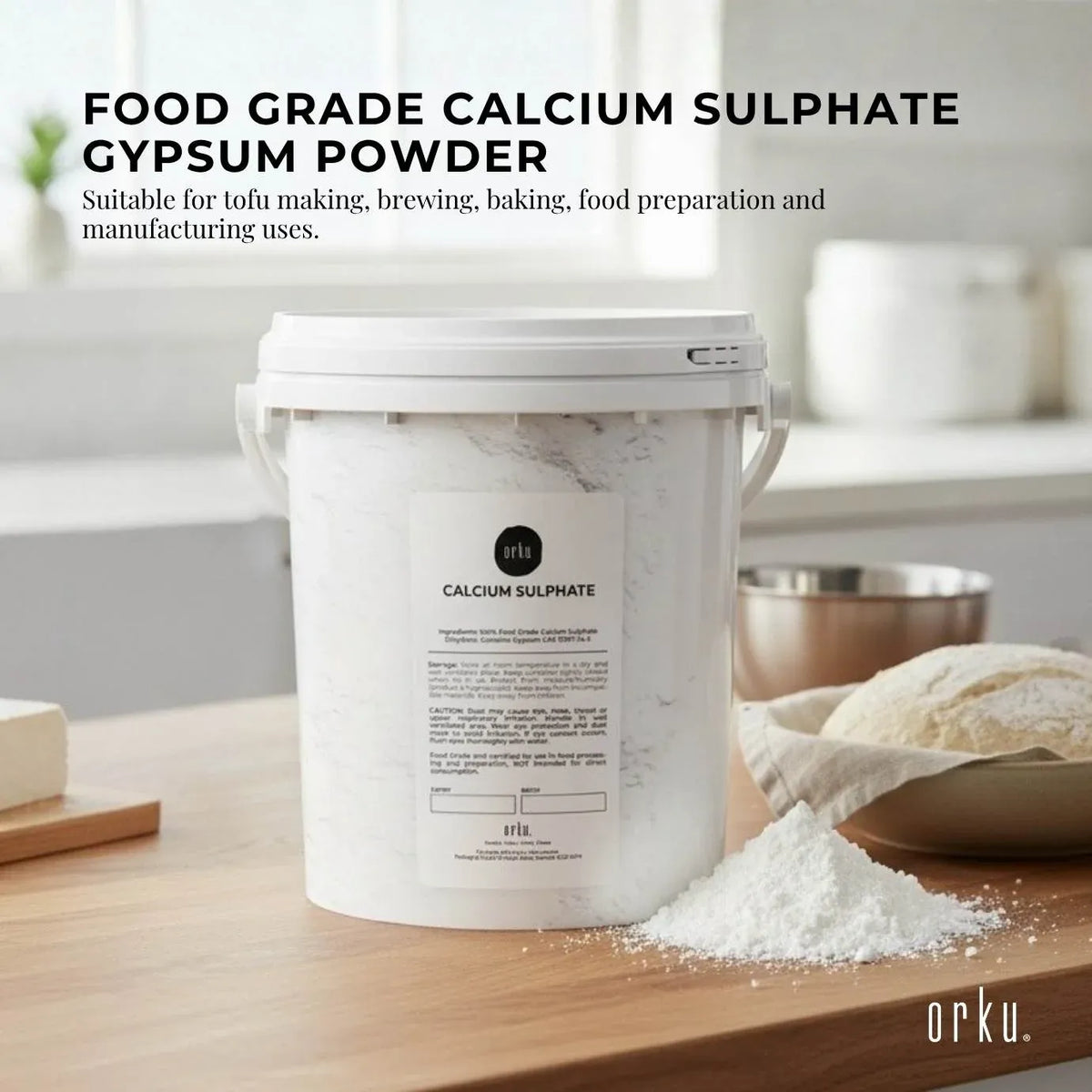 Orku 1Kg Fine Calcium Sulphate Gypsum Powder Tub - Dihydrate Food Grade FCC E516