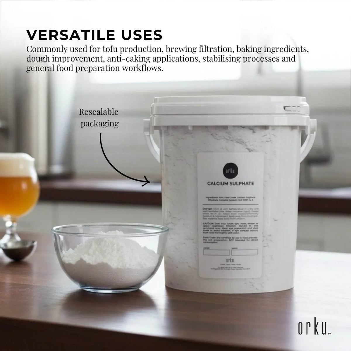 Orku 1Kg Fine Calcium Sulphate Gypsum Powder Tub - Dihydrate Food Grade FCC E516