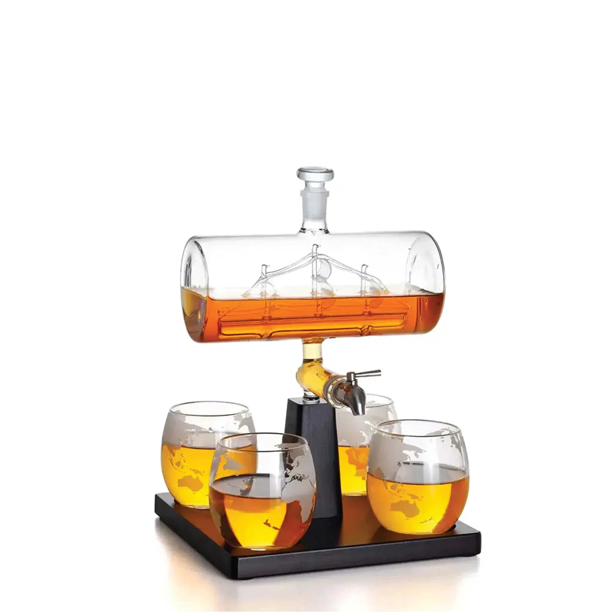 Kitchee 1L Whiskey or Wine Sailboat Glass Decanter Set - 4 Glasses + Stand
