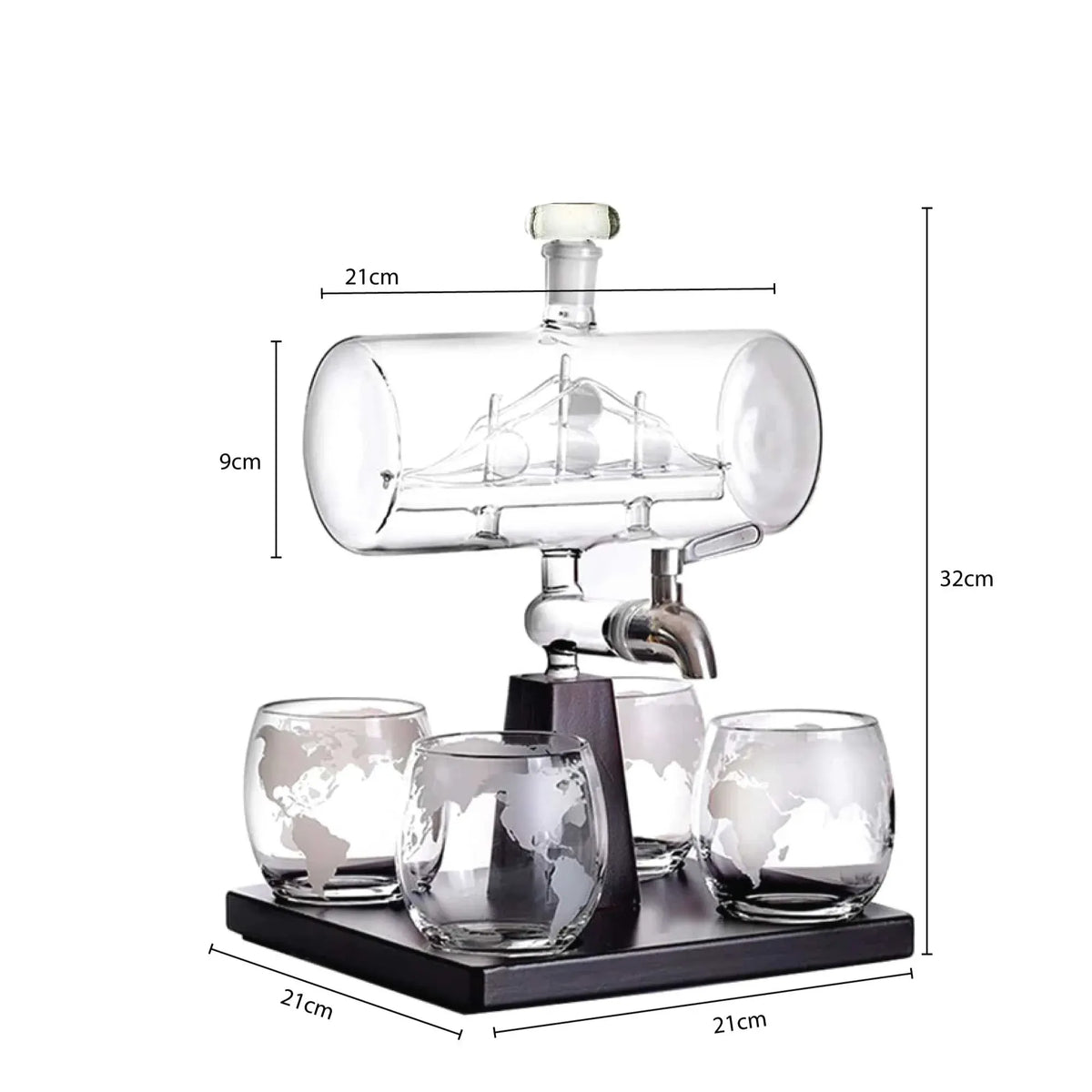 Kitchee 1L Whiskey or Wine Sailboat Glass Decanter Set - 4 Glasses + Stand