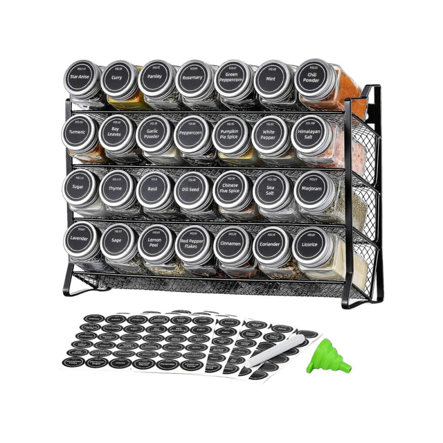 4 Tier Metal Spice Rack + 28 Glass Jars - Kitchen Pantry Herb Storage Organiser