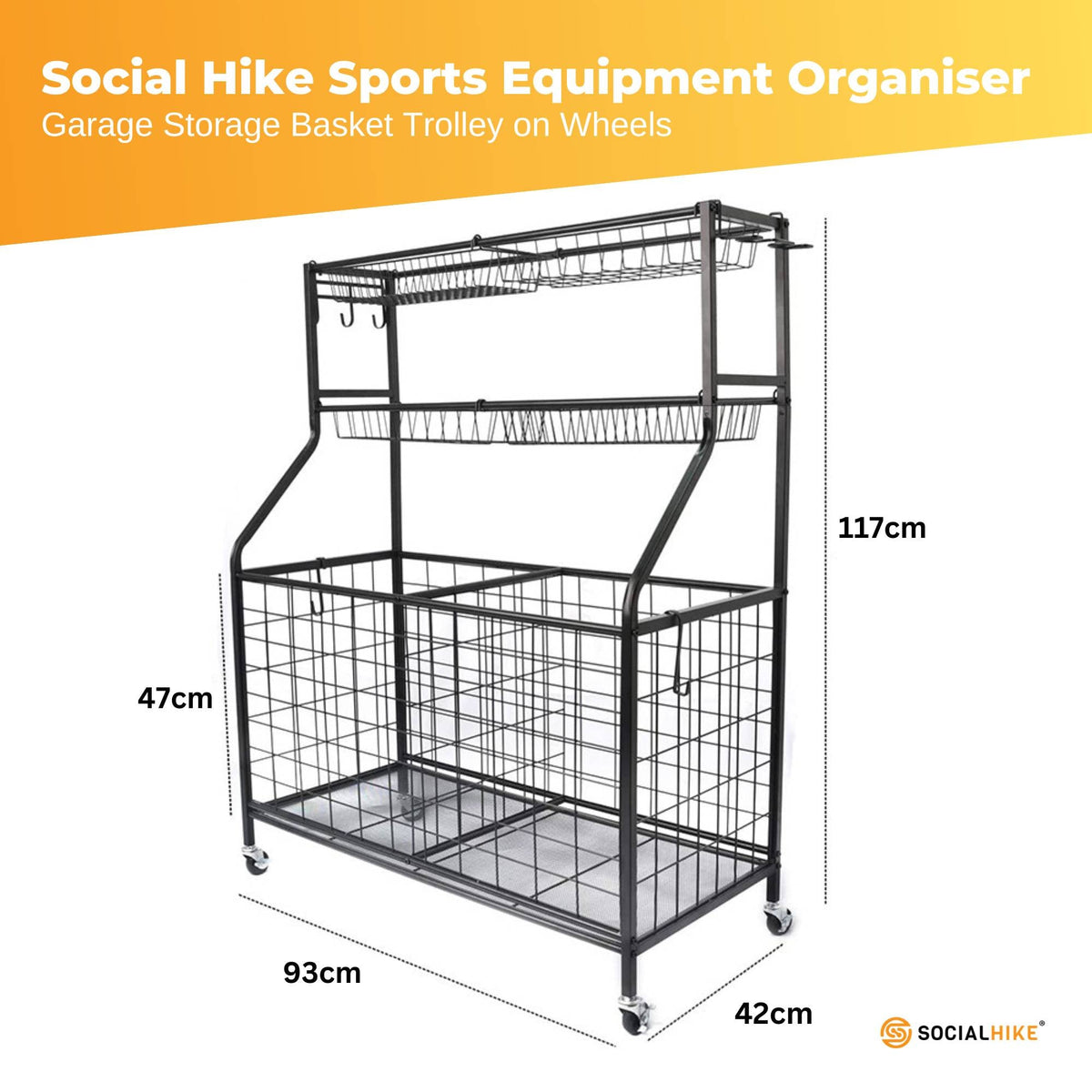 Social Hike Sports Equipment Storage Organiser Trolley on Wheels for Garage