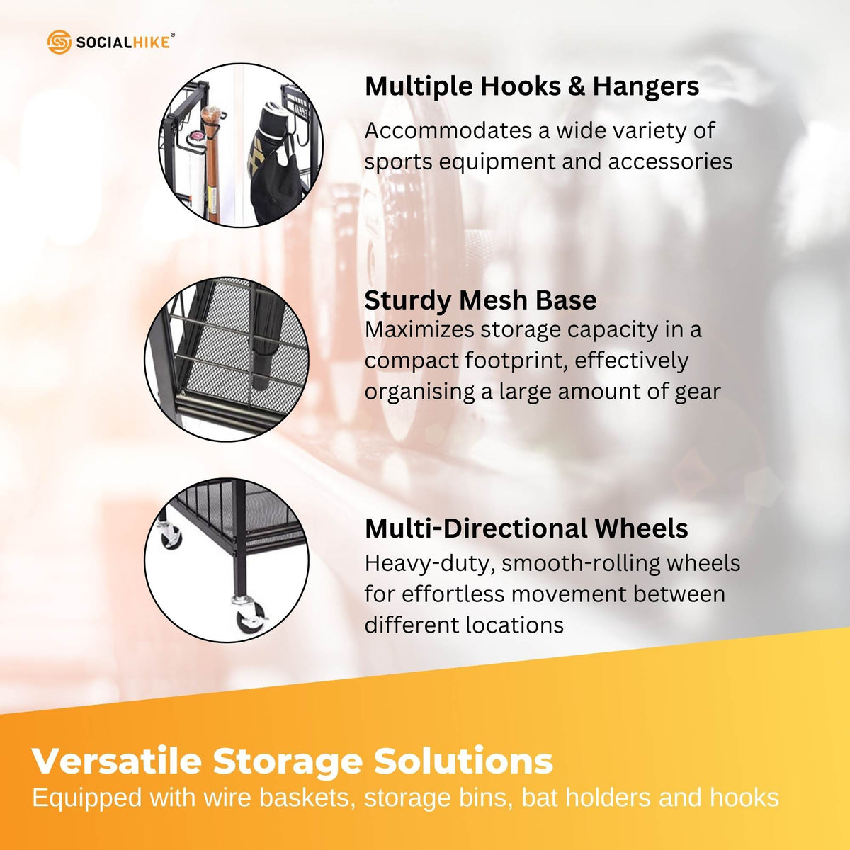 Social Hike Sports Equipment Storage Organiser Trolley on Wheels for Garage