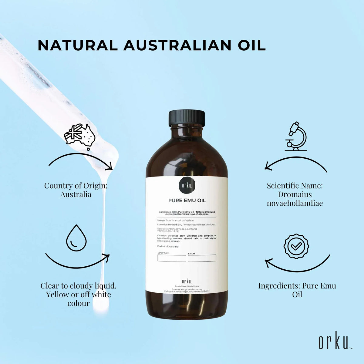 Orku 500ml Pure Emu Oil - Natural Undiluted Australian Dromaius Novaehollandiae
