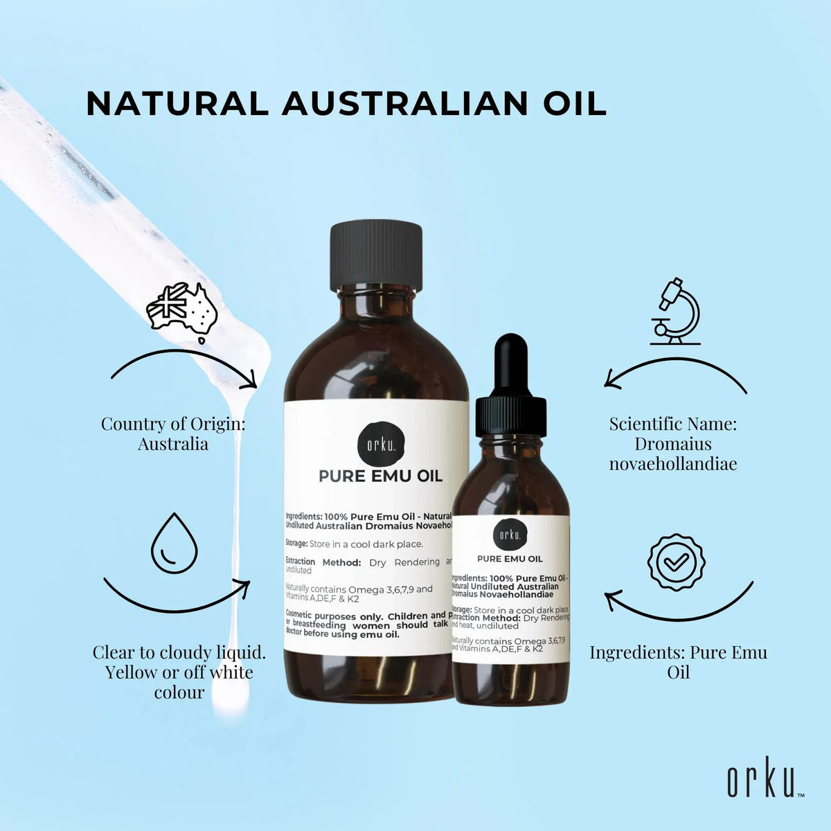 Orku 250ml Pure Emu Oil + Bonus 25ml Bottle - Australian Dromaius Novaehollandiae