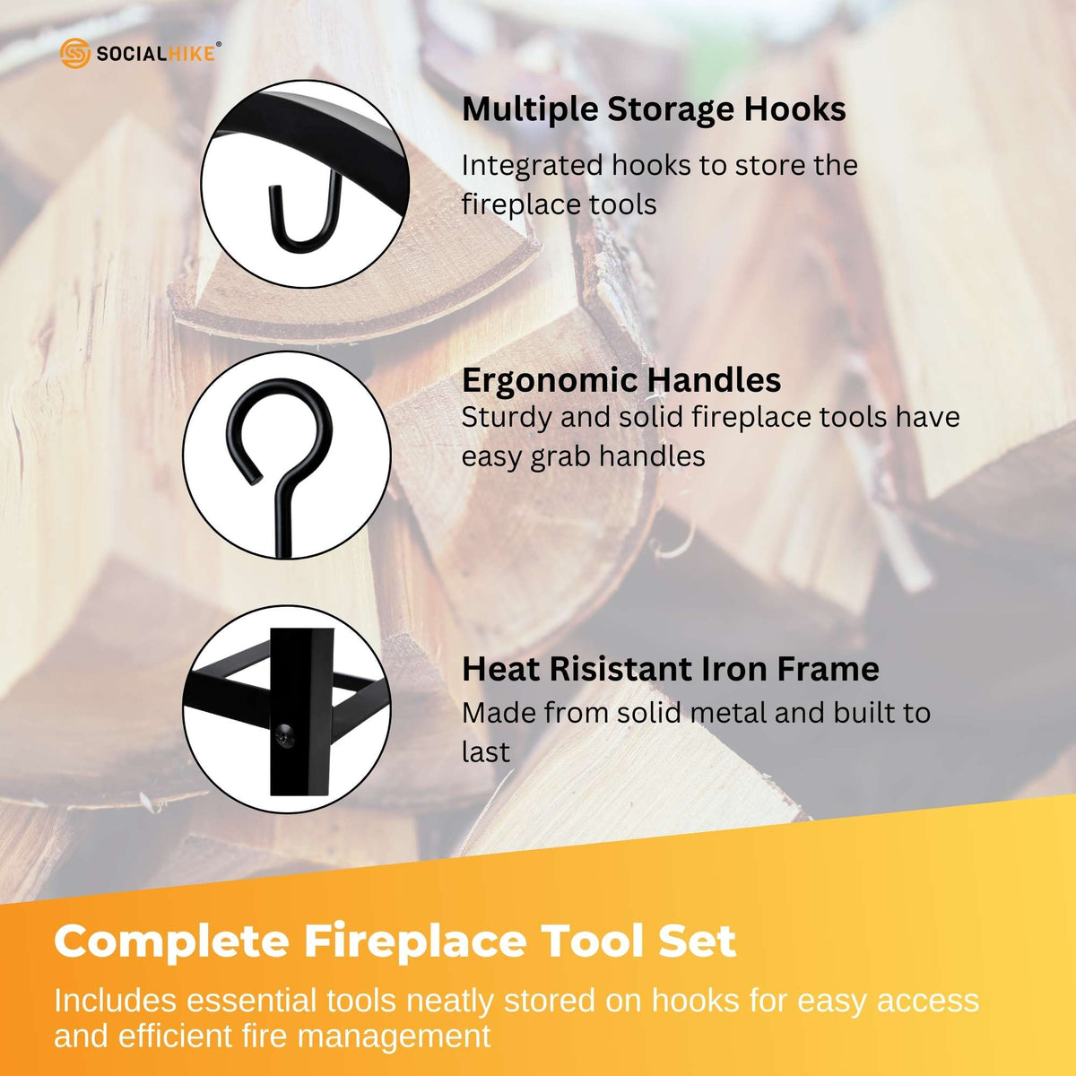 Social Hike Firewood Rack Stand and Fireplace Tool Set - Wood Log Holder