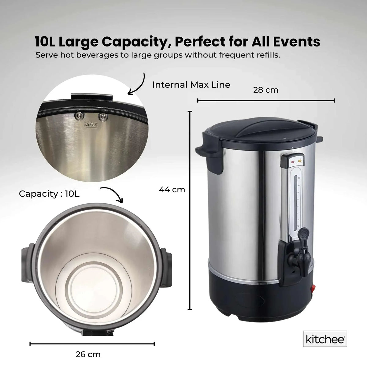 Kitchee 10L Electric Water Boiler - Stainless Steel Commercial Hot Liquid Urn