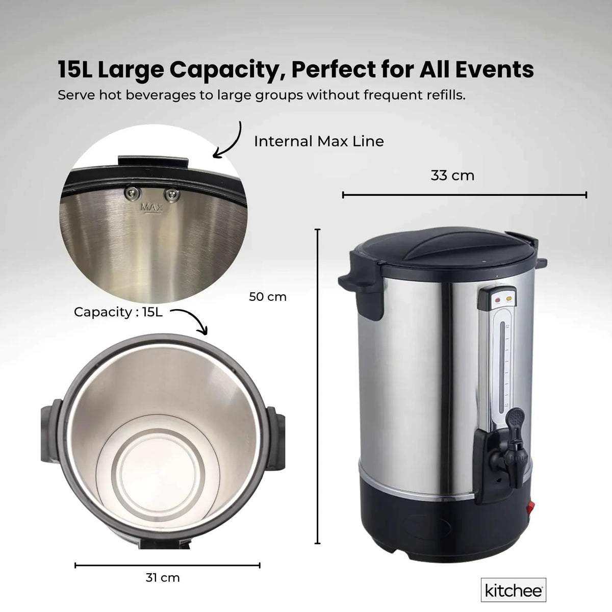 Kitchee 15L Electric Water Boiler - Stainless Steel Commercial Hot Liquid Urn