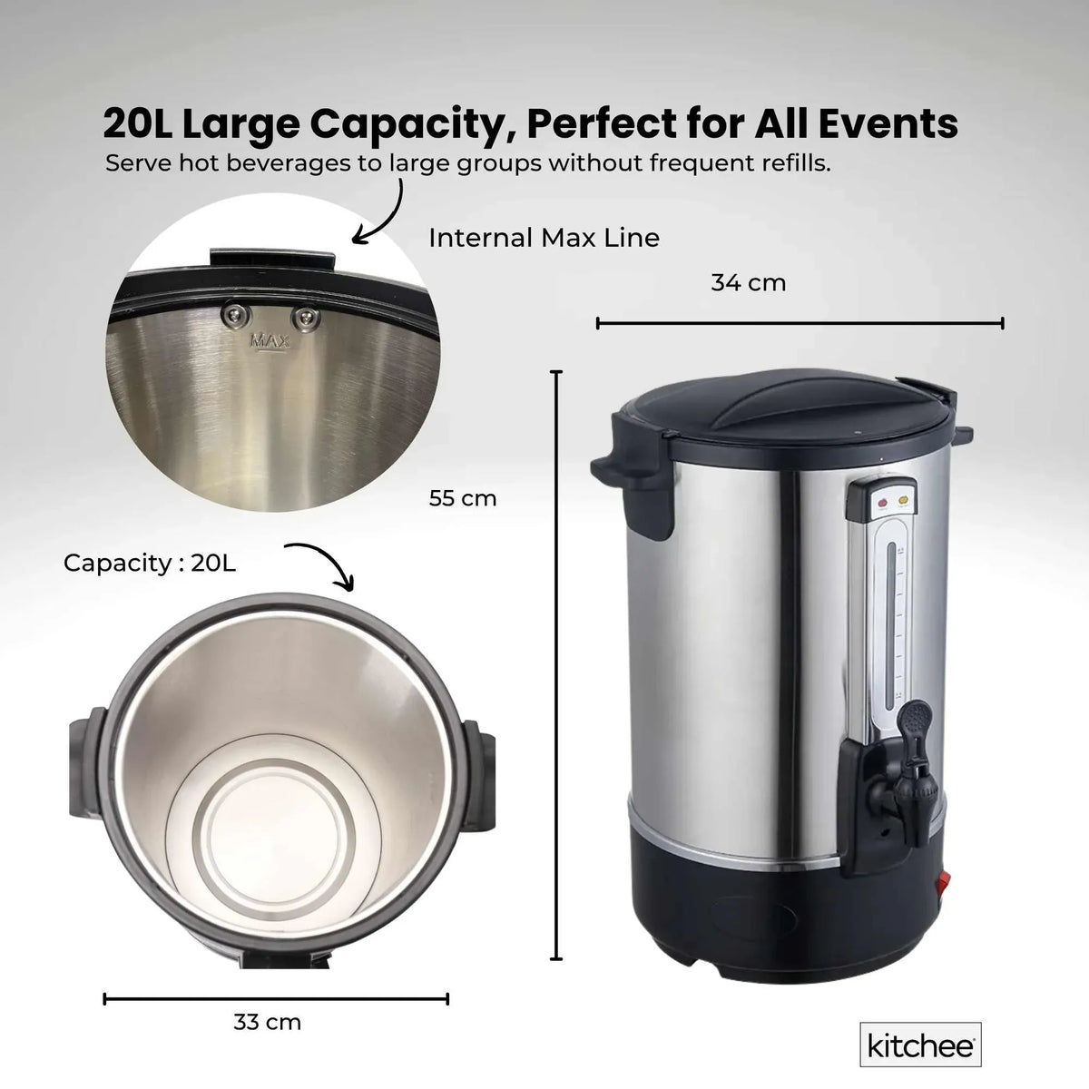 Kitchee 20L Electric Water Boiler - Stainless Steel Commercial Hot Liquid Urn