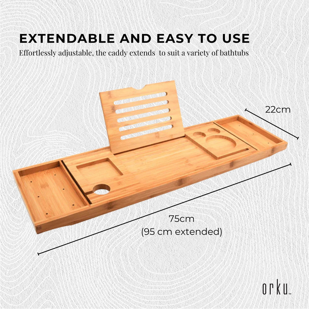 Orku Bamboo Bath Tray Caddy Adjustable - Spa Book Wine + Accessories Holder