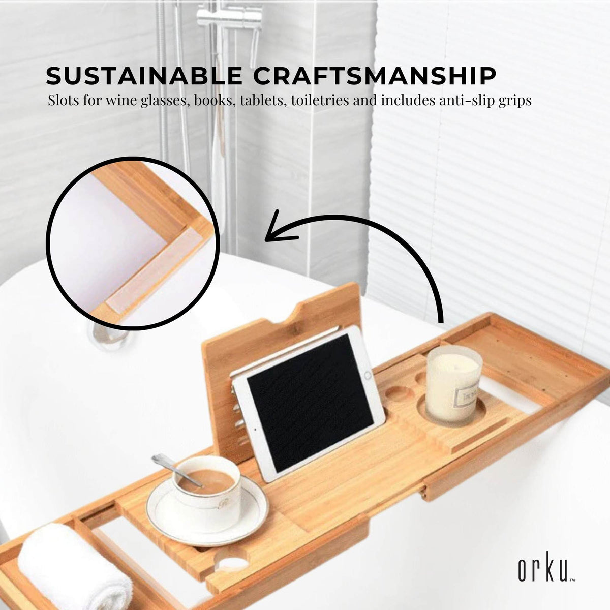 Orku Bamboo Bath Tray Caddy Adjustable - Spa Book Wine + Accessories Holder