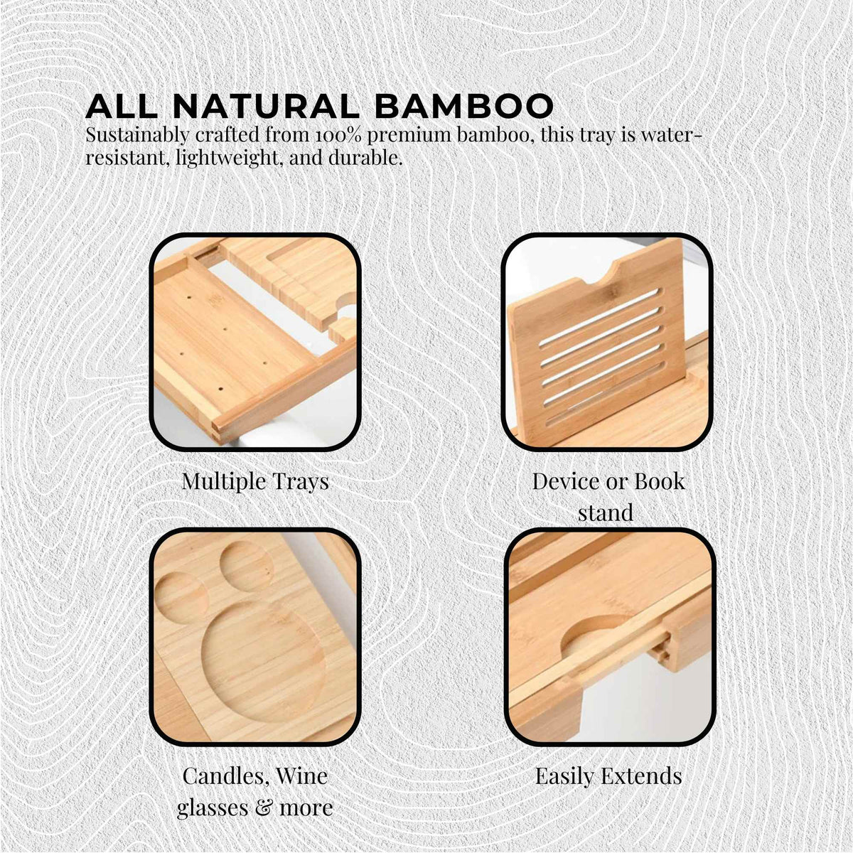 Orku Bamboo Bath Tray Caddy Adjustable - Spa Book Wine + Accessories Holder