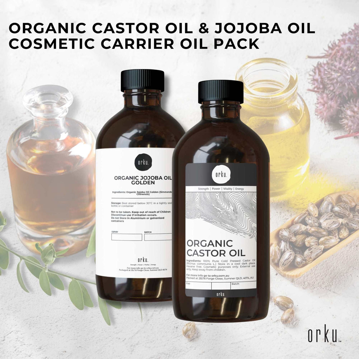 Orku 500ml Organic Castor Oil and 500ml Organic Jojoba Oil Pack