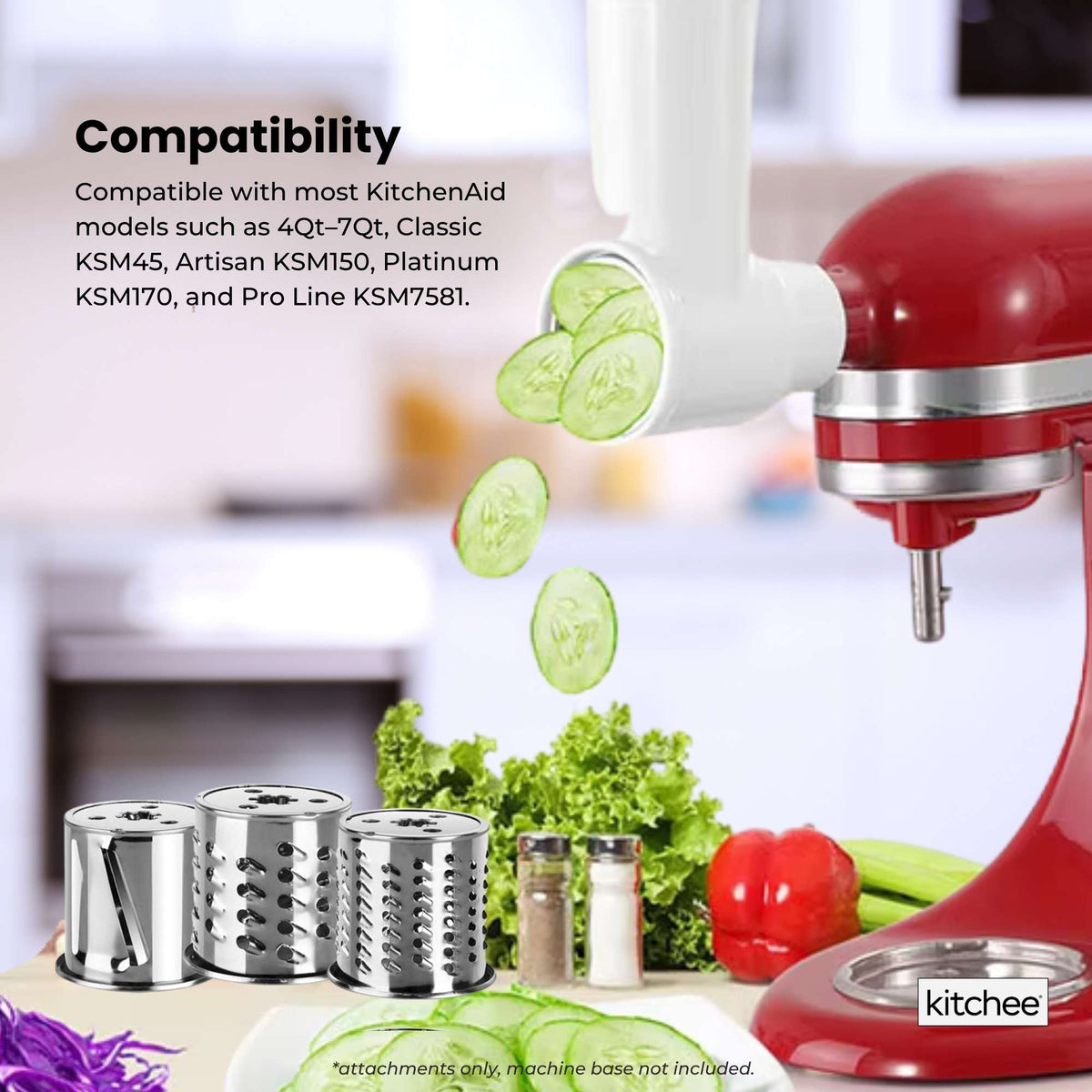 Kitchee Slicer Shredder Grater 3 Attachments - Compatible with KitchenAid Mixer
