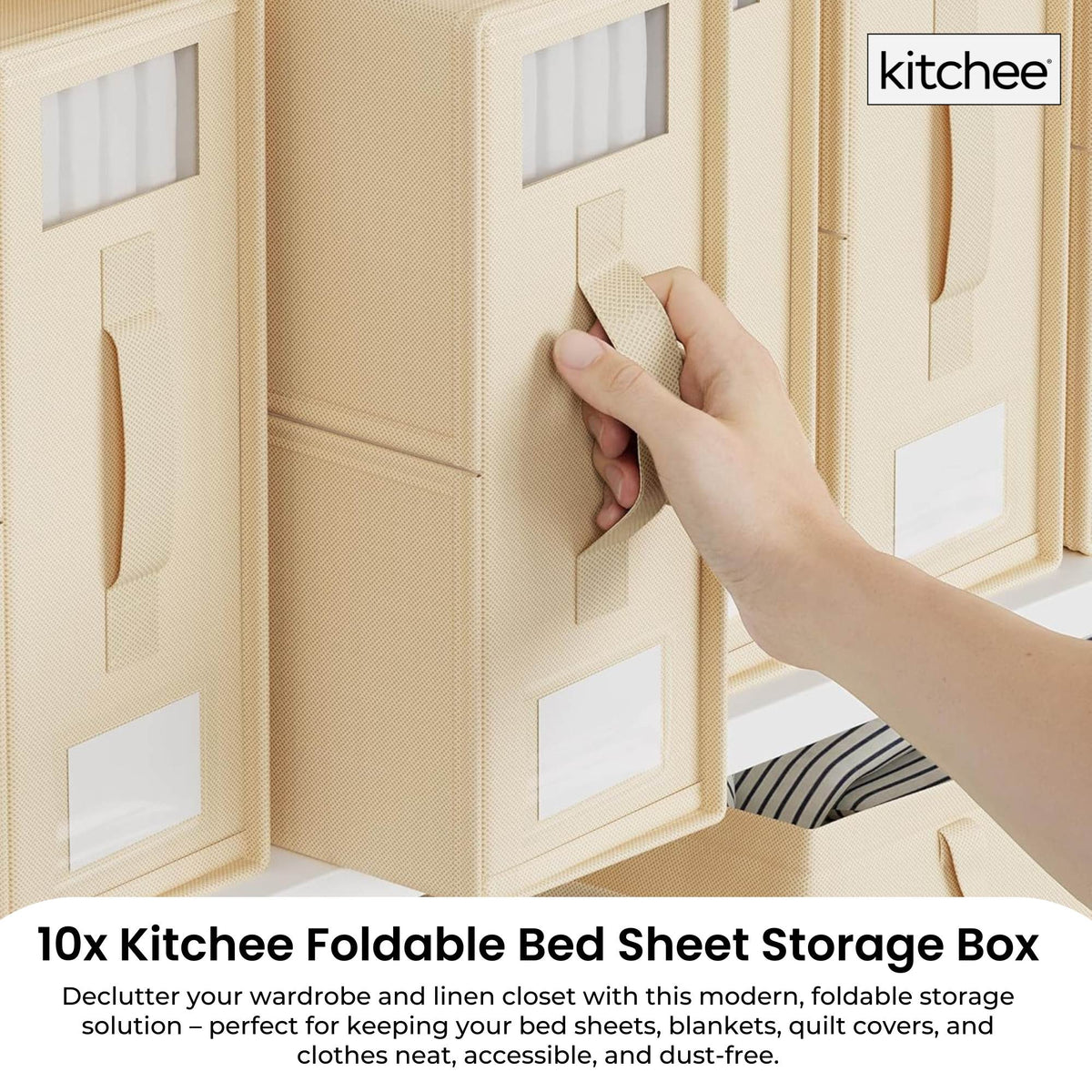 Kitchee 10x Foldable Bed Sheet Storage Box - Linen + Closet Organiser Beige