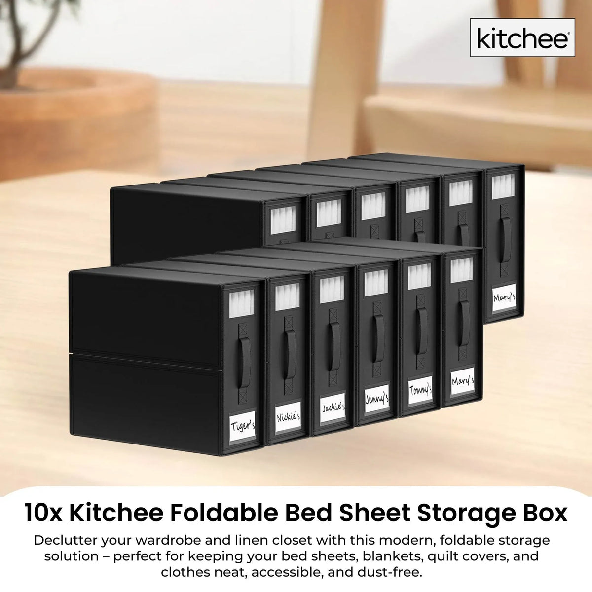 Kitchee 10x Foldable Bed Sheet Storage Box - Linen + Closet Organiser Black
