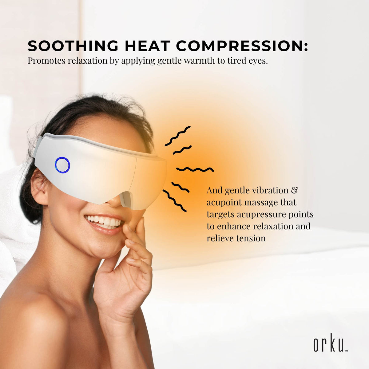 Orku Rechargeable Eye Massager - Heat Compression Vibration Bluetooth White