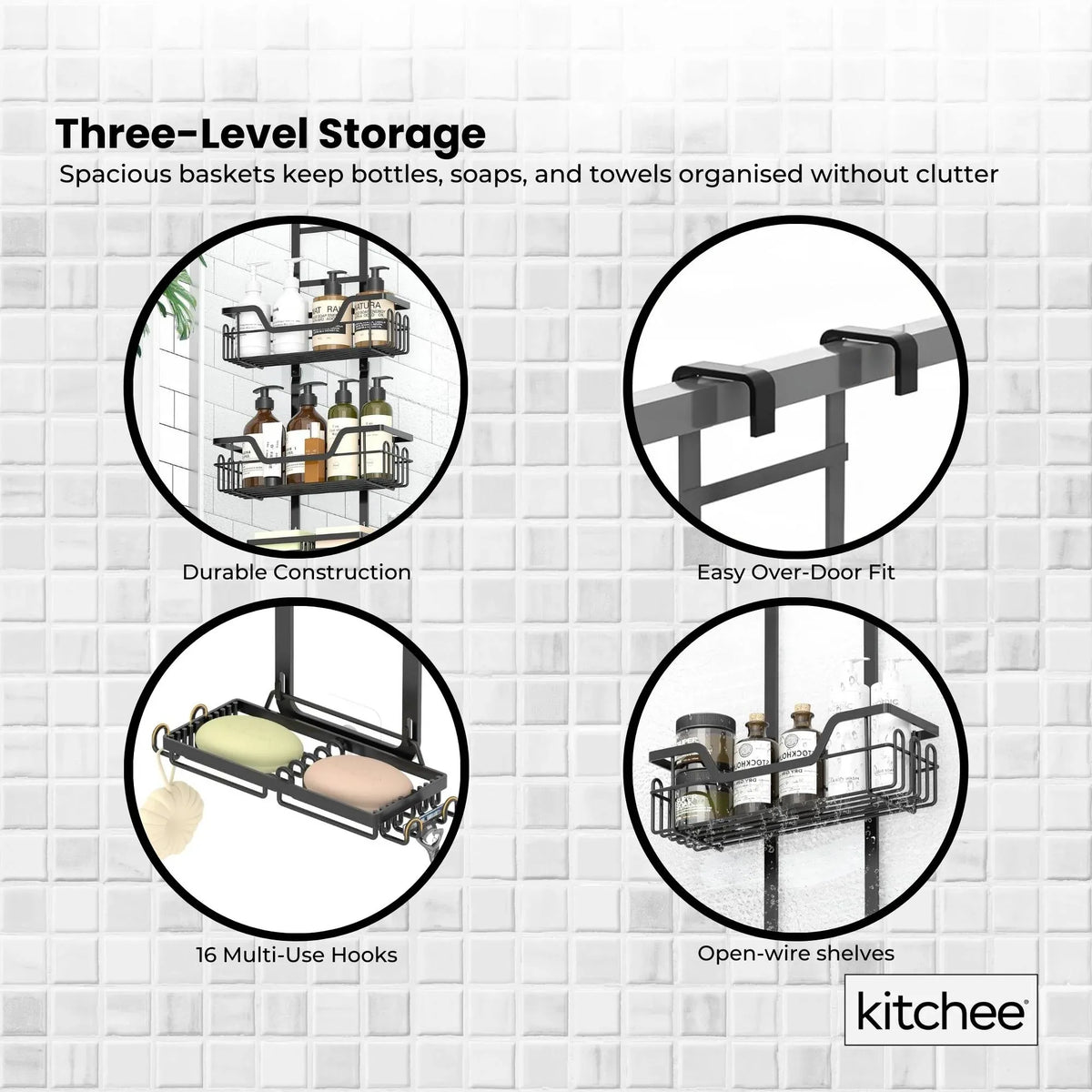 Kitchee 3 Tier Shower Caddy Over Door Bathroom Shelf Storage Rack Black