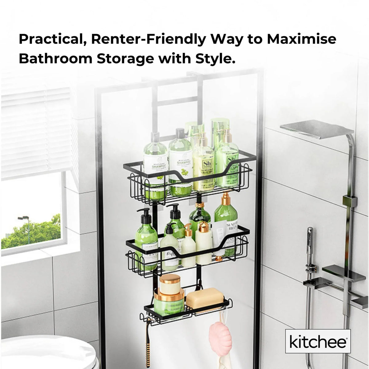 Kitchee 3 Tier Shower Caddy Over Door Bathroom Shelf Storage Rack Black
