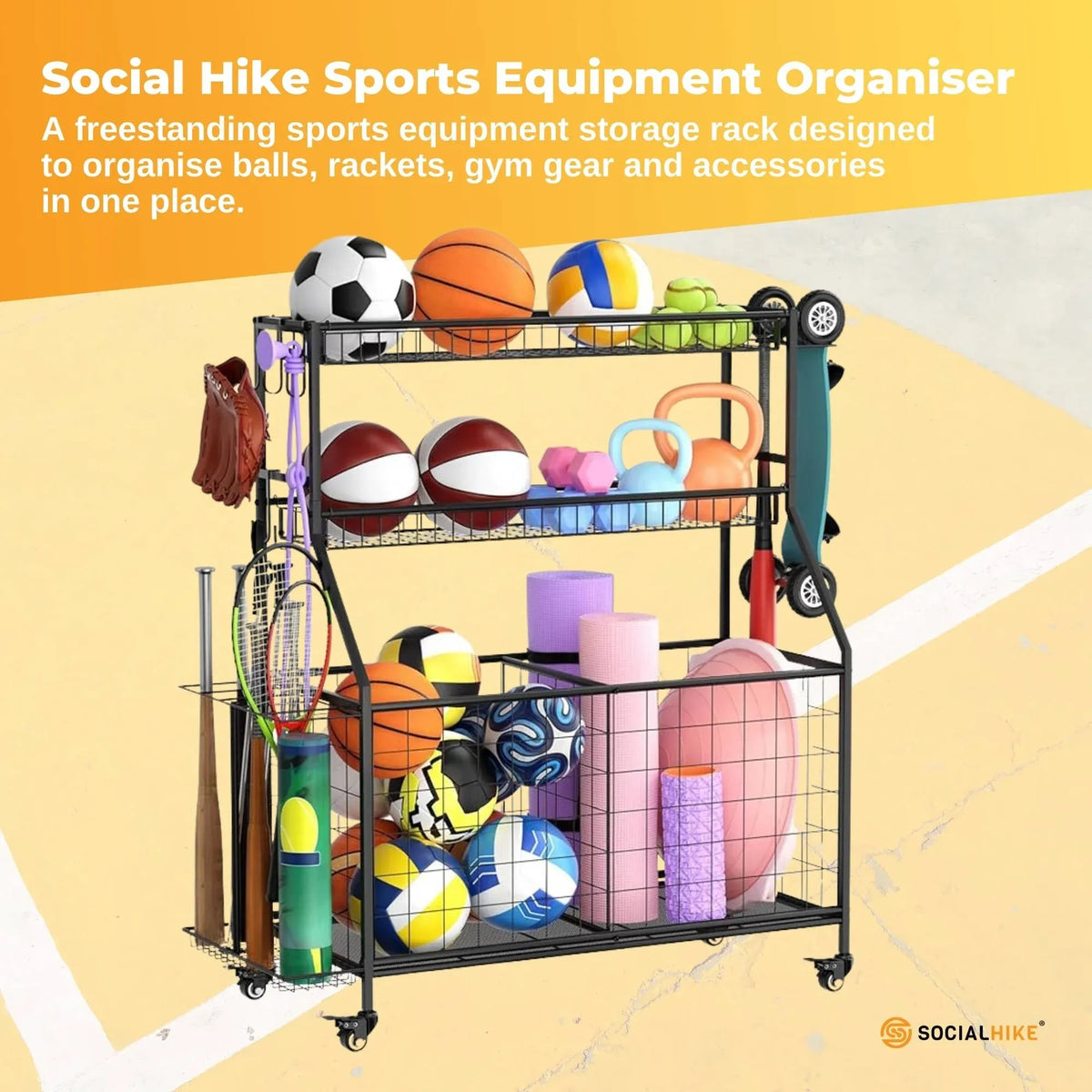 Social Hike Sports Equipment Storage Organiser and Side Rack Garage Trolley